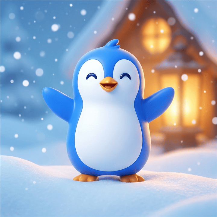 The HuddleHRM penguin waving beside a warm-lit cabin in falling snow