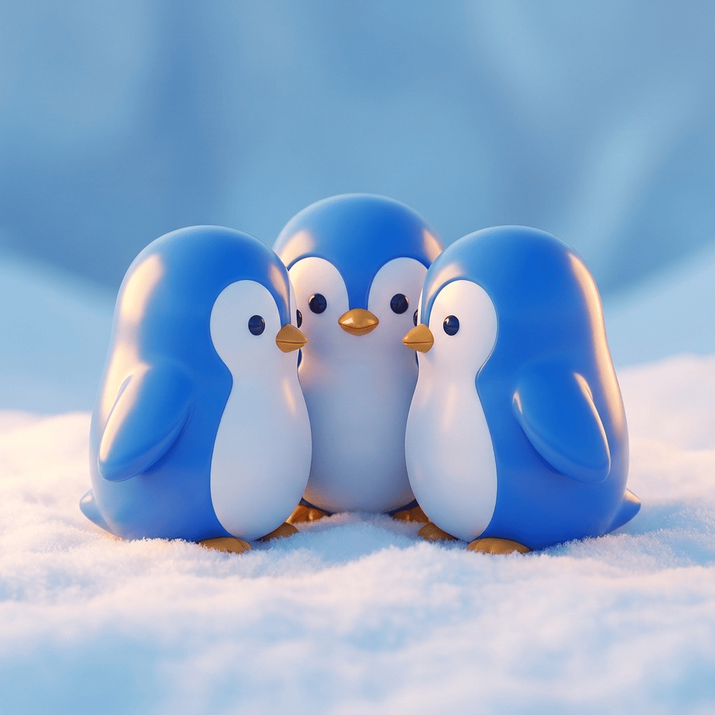 Three HuddleHRM penguins huddled together in the snow
